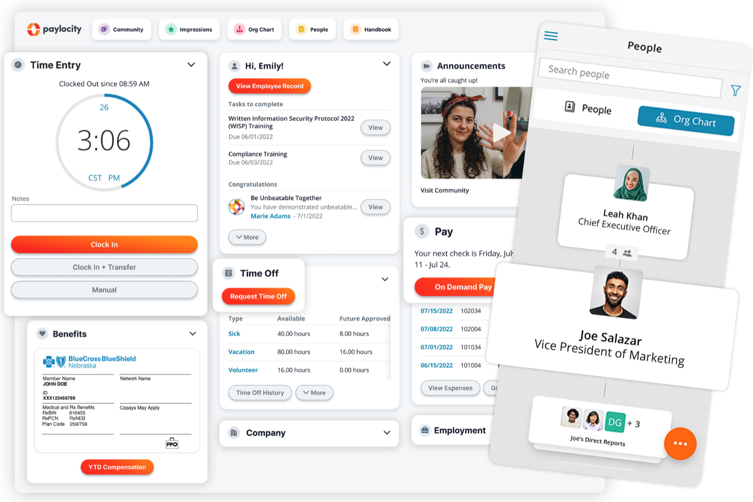 Paylocity dashboard showing time entry, benefits, time off, pay, and org chart.