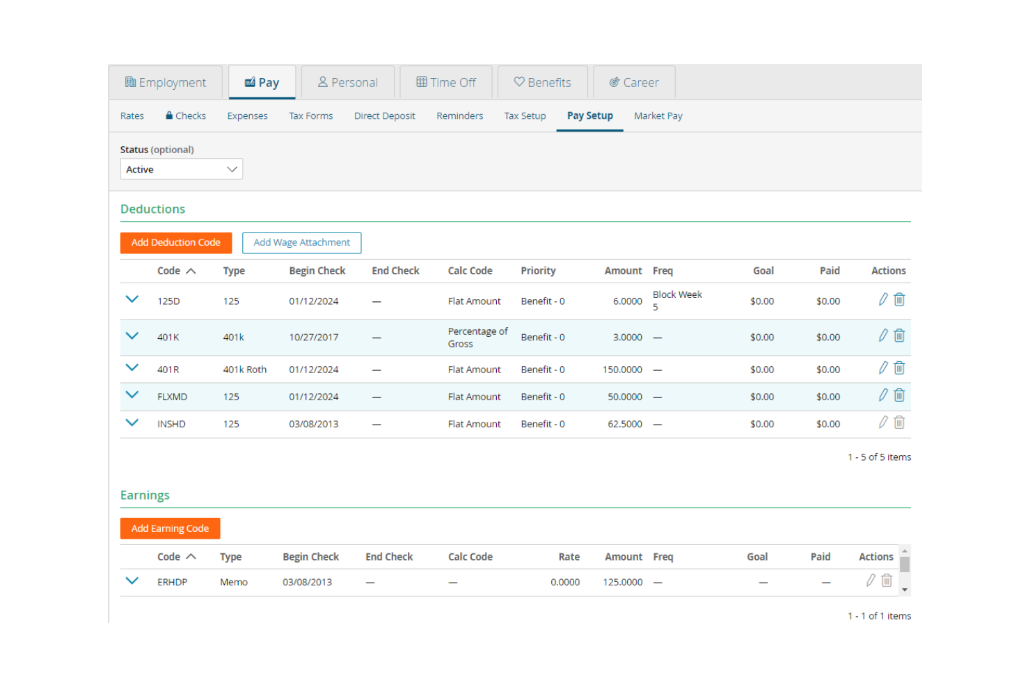 Paylocity Pay Setup screen showing deductions and earnings configuration table.