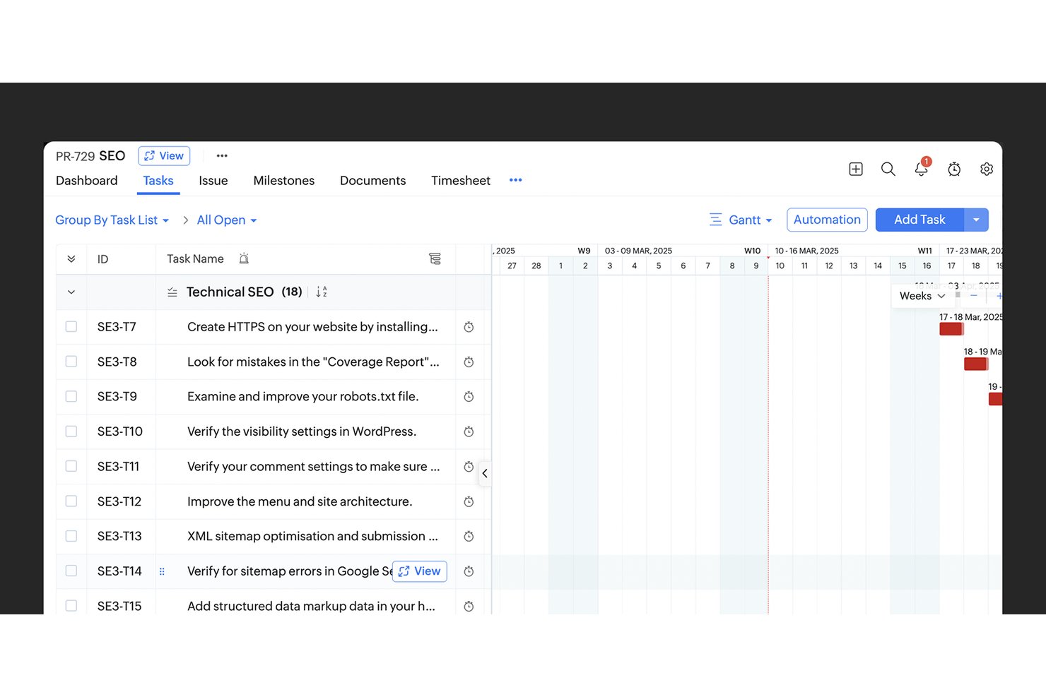 Zoho Projects Gantt chart showing Technical SEO task list with weekly schedule.