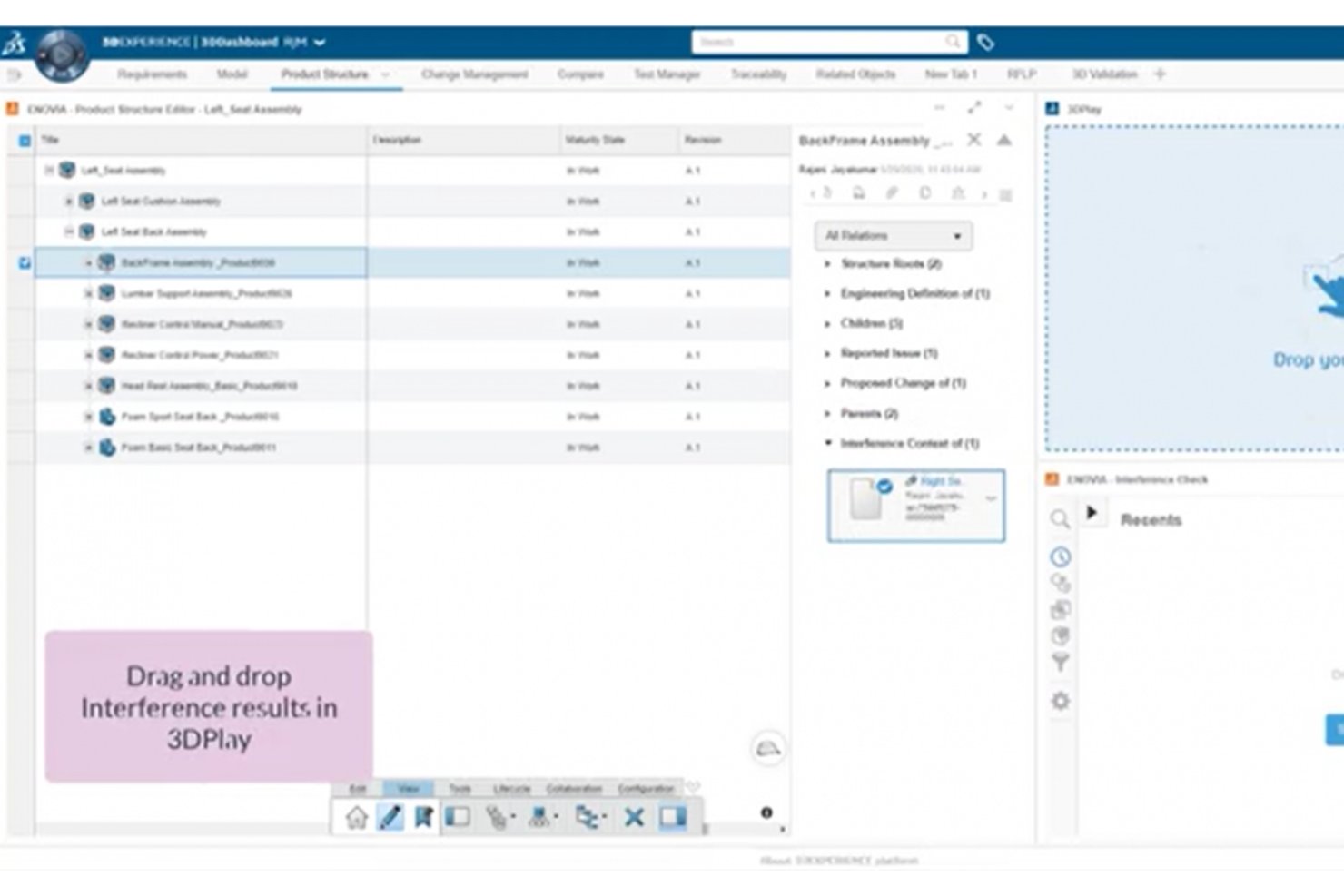 Dassault ENOVIA product structure editor showing drag-and-drop interference check results into 3DPlay.