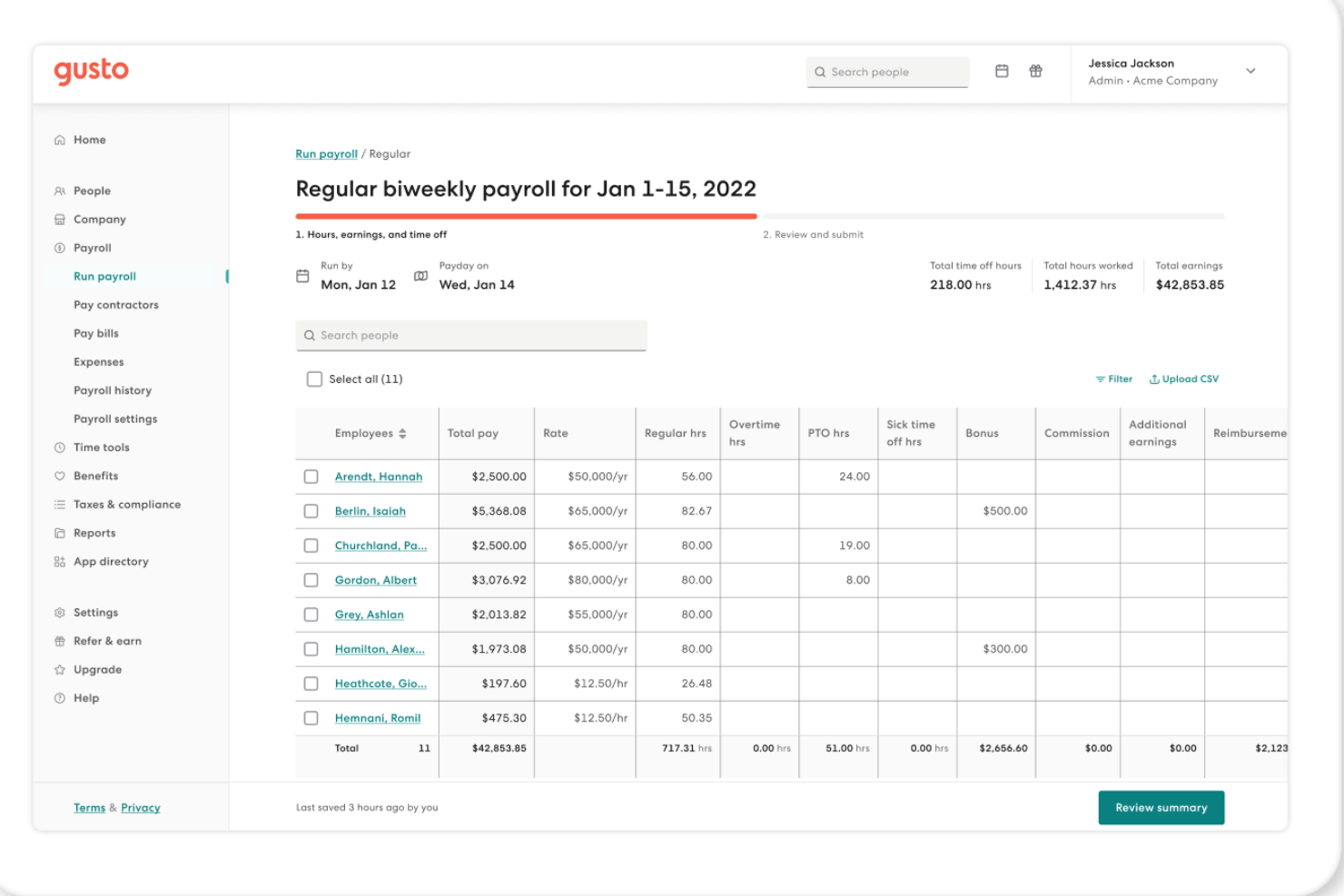 Gusto payroll dashboard showing employee hours, earnings, and pay rates for Jan 1–15, 2022.