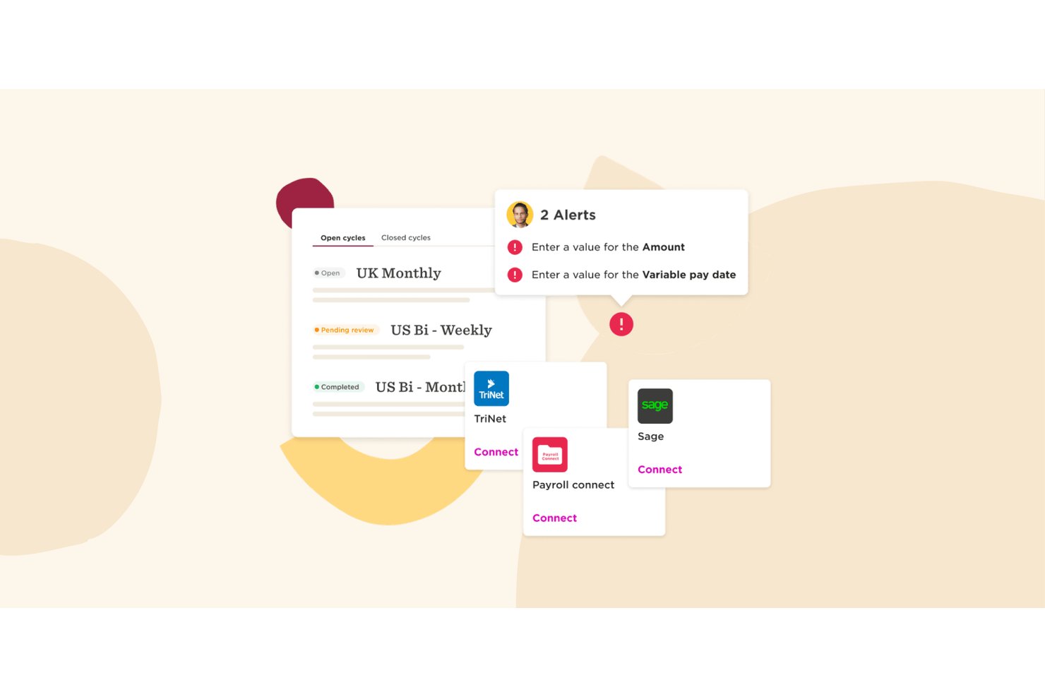 HiBob-dashboard met salarisverwerkingscycli, waarschuwingsmeldingen en opties voor integratie met systemen van derden.
