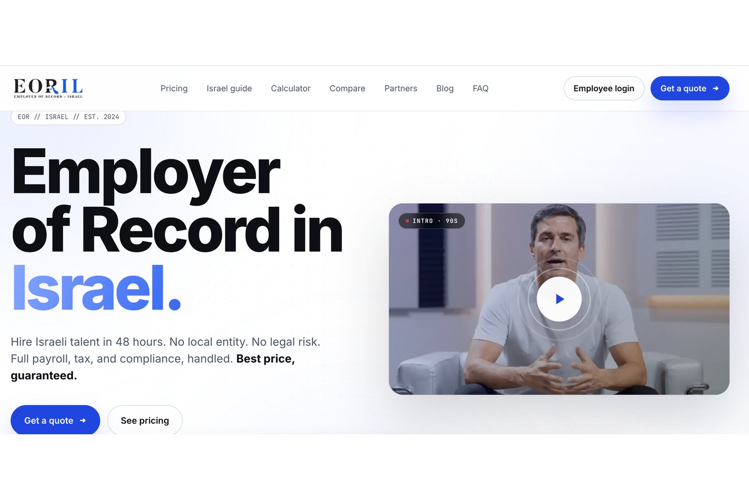 Page d’accueil d’EORIL affichant la section principale vidéo consacrée aux services d’employeur officiel en Israël.