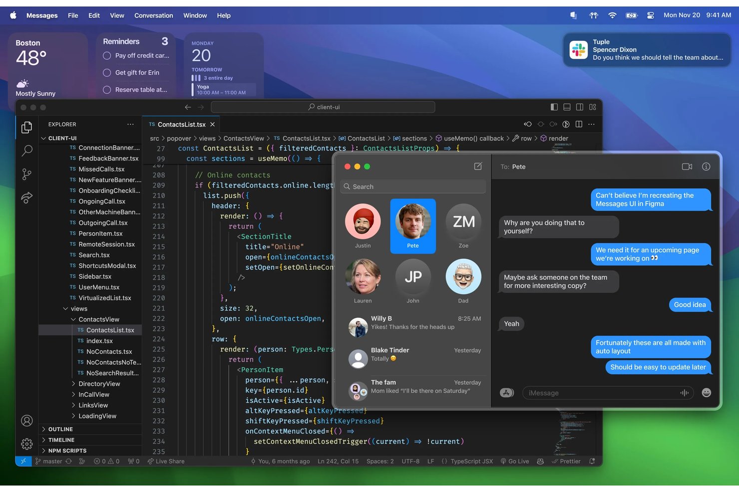 Notifica di Tuple sul desktop macOS con VS Code e l'app Messaggi aperti.
