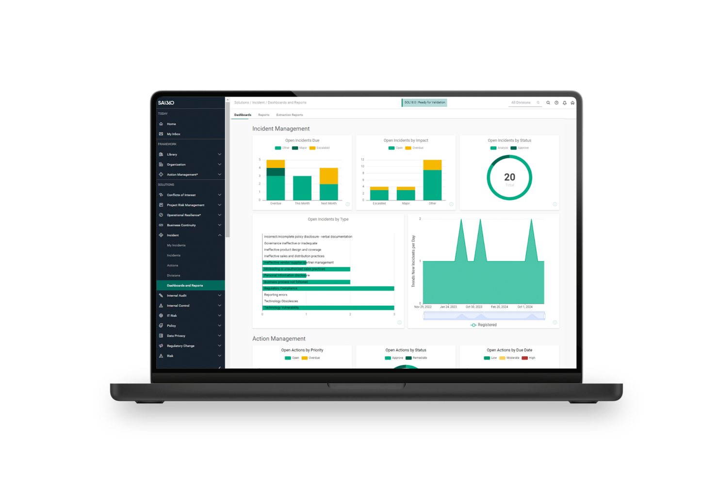 SAI360:s instrumentpanel för incidenthantering med diagram som visar öppna incidenter efter typ, status och trender.