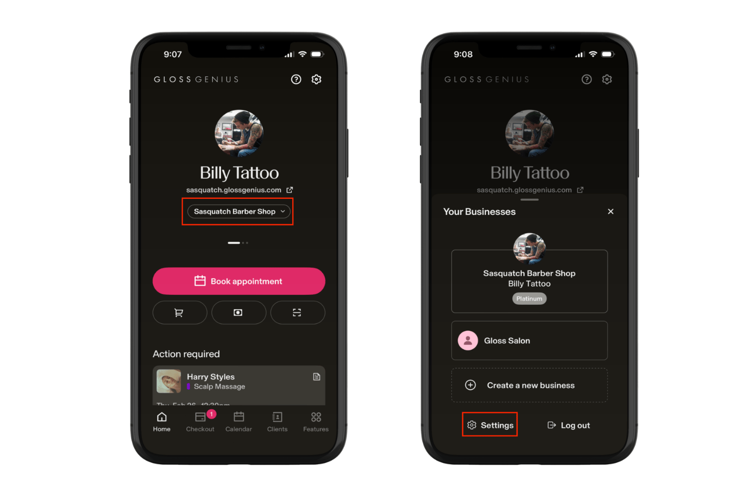 Deux écrans de l’application GlossGenius présentant le sélecteur d’entreprise et le menu des paramètres.