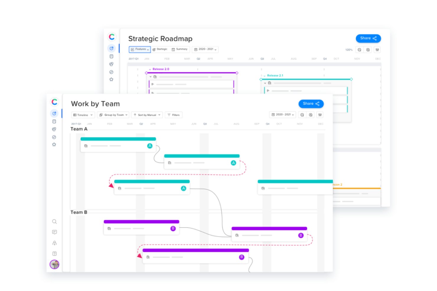 Viste della roadmap strategica di Craft.io e delle attività per team, con barre codificate a colori.