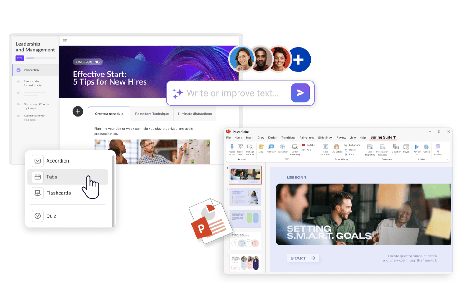 iSpring Suites kursutvecklingsgränssnitt visar PowerPoint-baserade lektioner, AI-assisterat skrivande, frågesporter, flikar, minneskort och interaktivt utbildningsinnehåll.