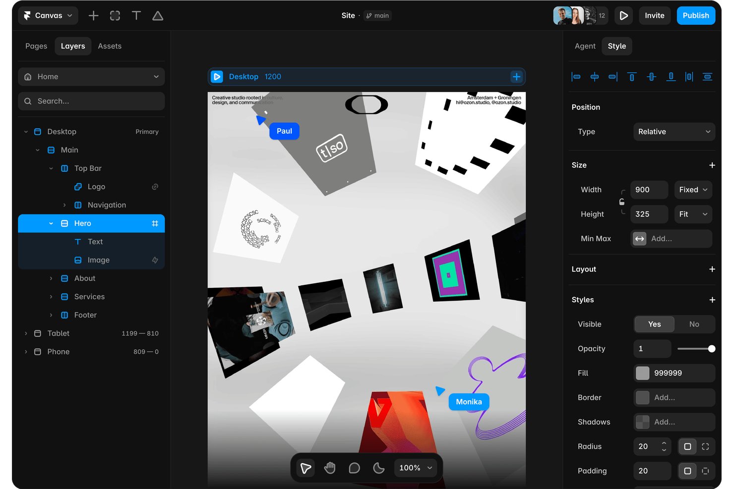 Editor dell'area di lavoro di Framer che mostra i livelli della sezione principale, il pannello degli stili e l'anteprima in tempo reale della progettazione.