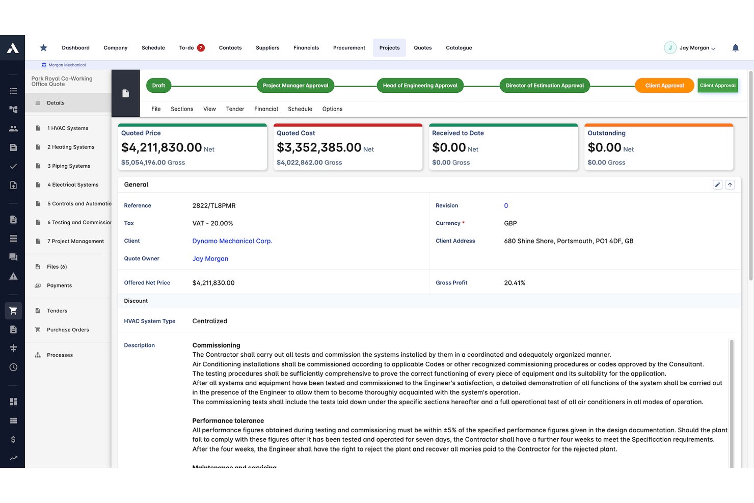 Archdesk project quote dashboard showing quoted price, cost, and general details.