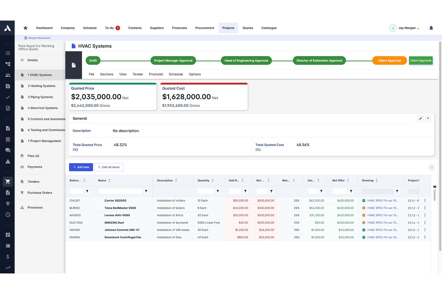 Archdesk construction estimating interface showing HVAC systems itemized quote with costs.