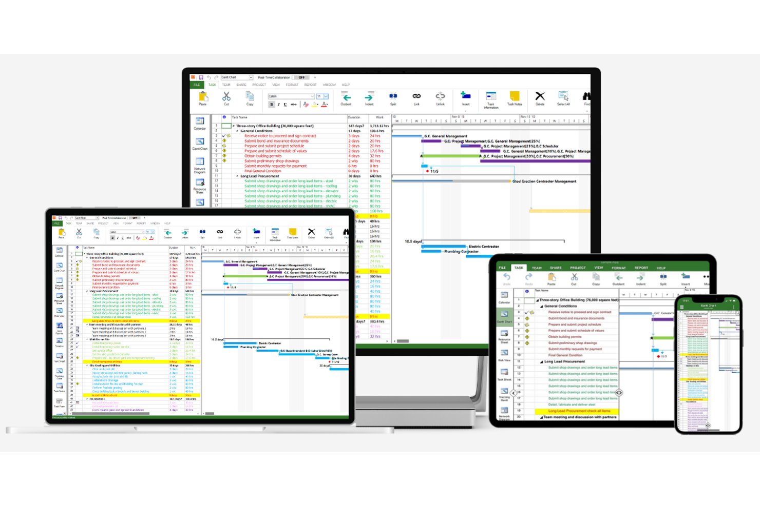Project Viewer 365 Gantt chart displayed across desktop, laptop, tablet, and phone screens.