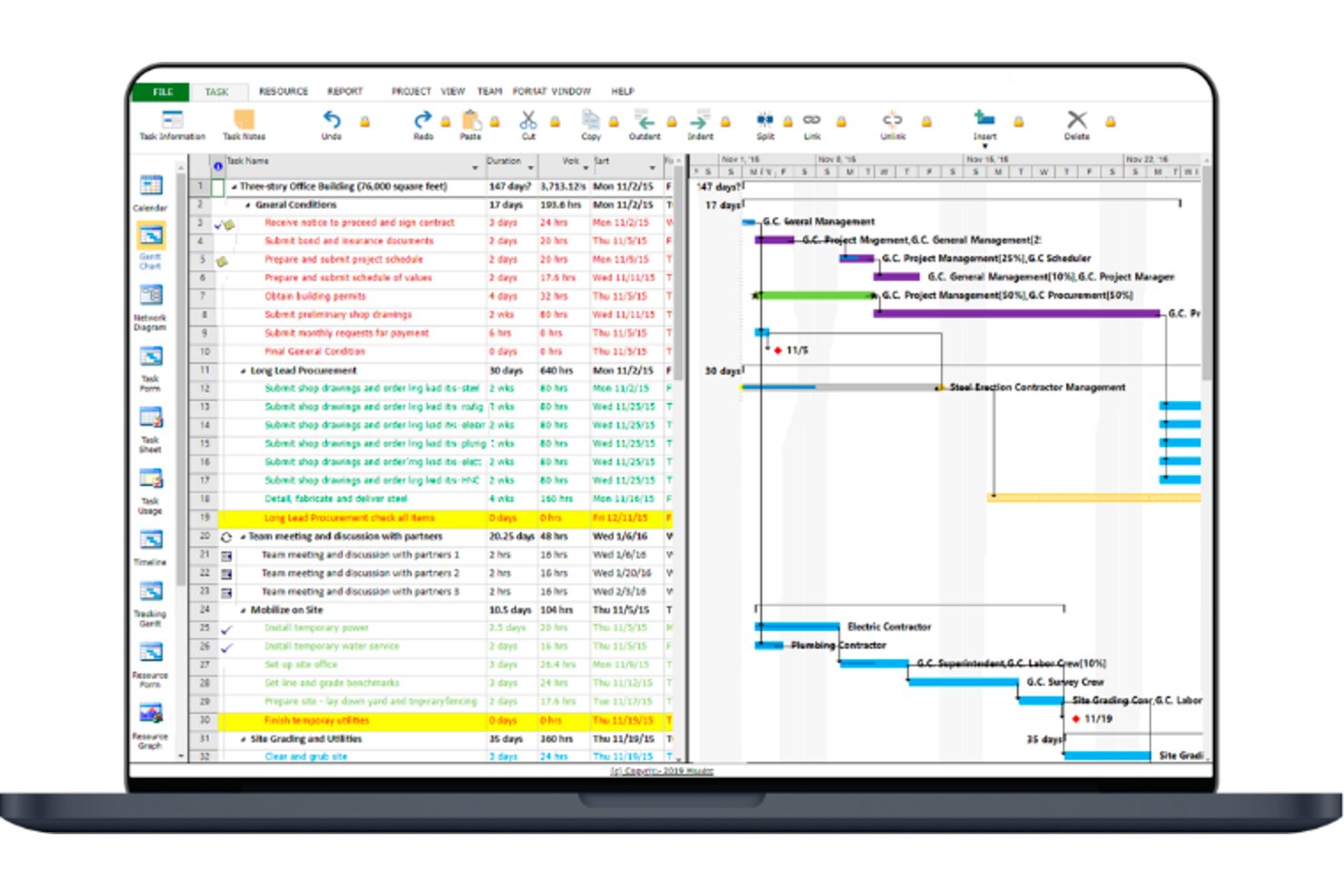 Project Viewer 365 visar ett Gantt-schema med aktivitetslista och tidslinjefält.