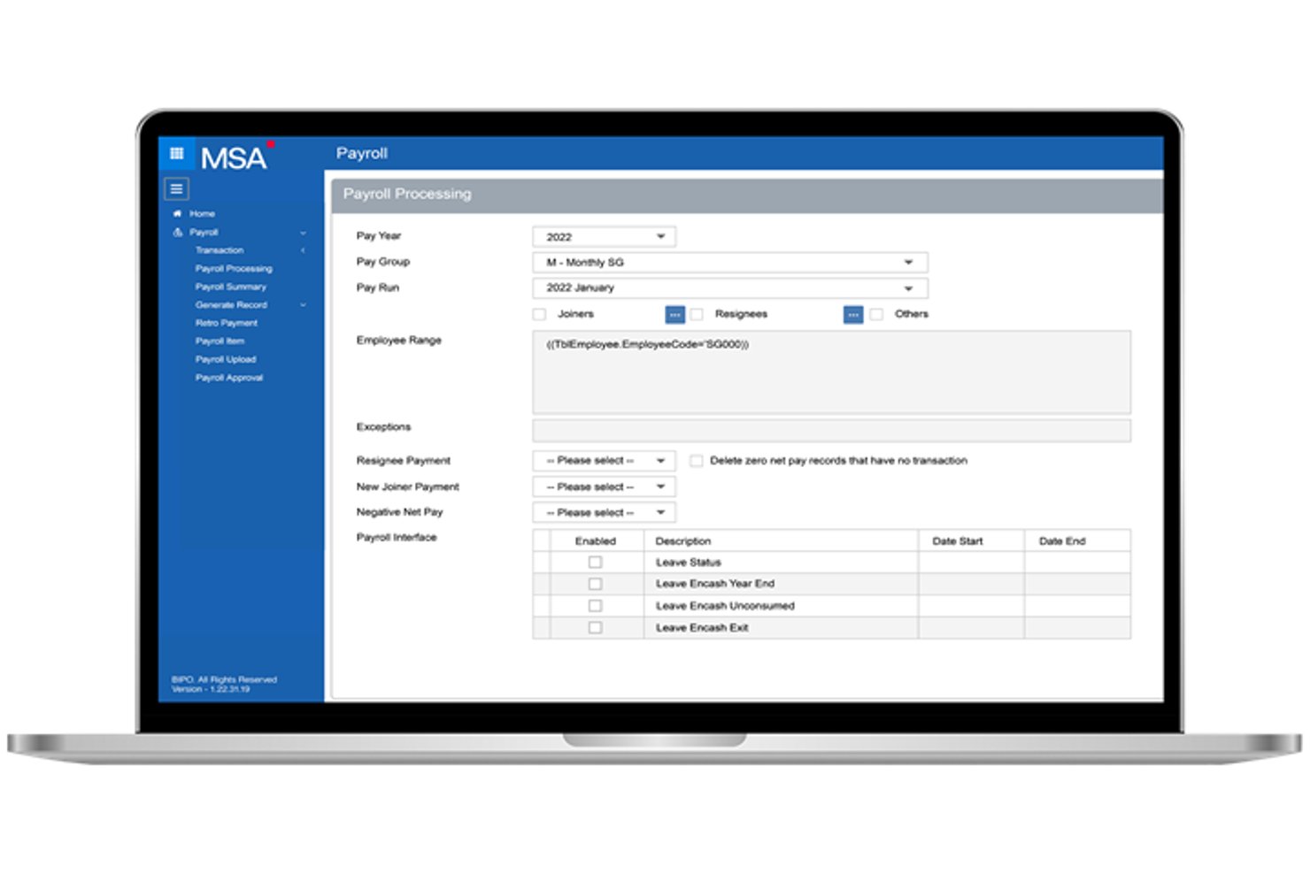 MSA payroll processing form with pay year, group, and run fields.