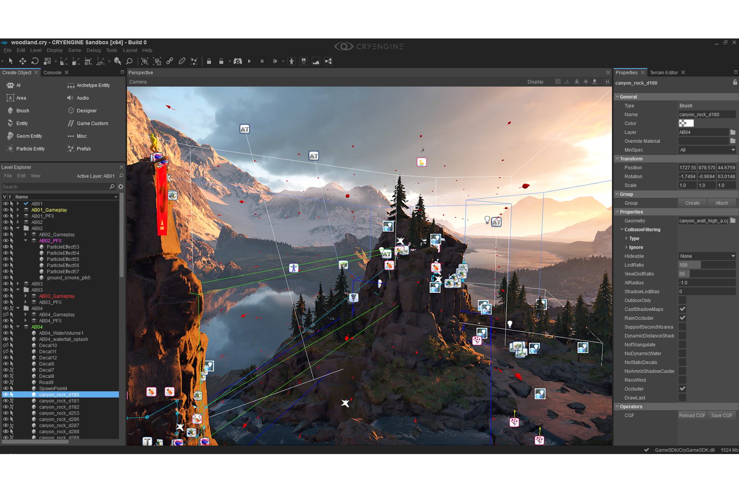 Editor Sandbox di CryEngine che mostra un paesaggio 3D con canyon, gerarchia della scena e pannello delle proprietà.