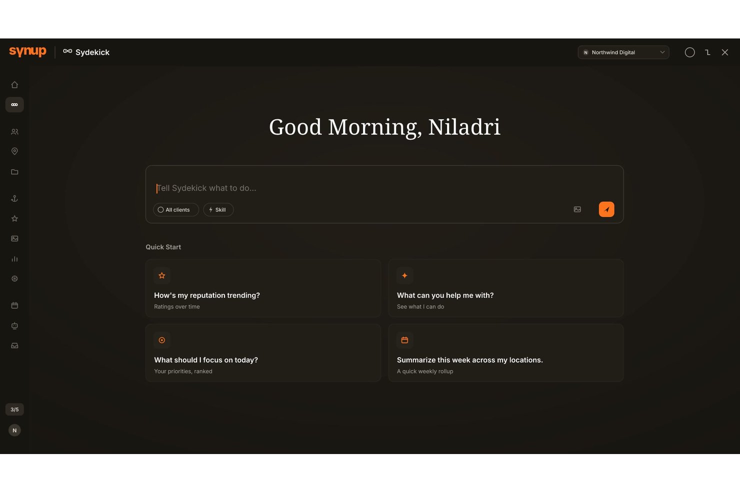 Tableau de bord de l'IA Synup Sydekick avec invites de démarrage rapide et champ de saisie du chat.