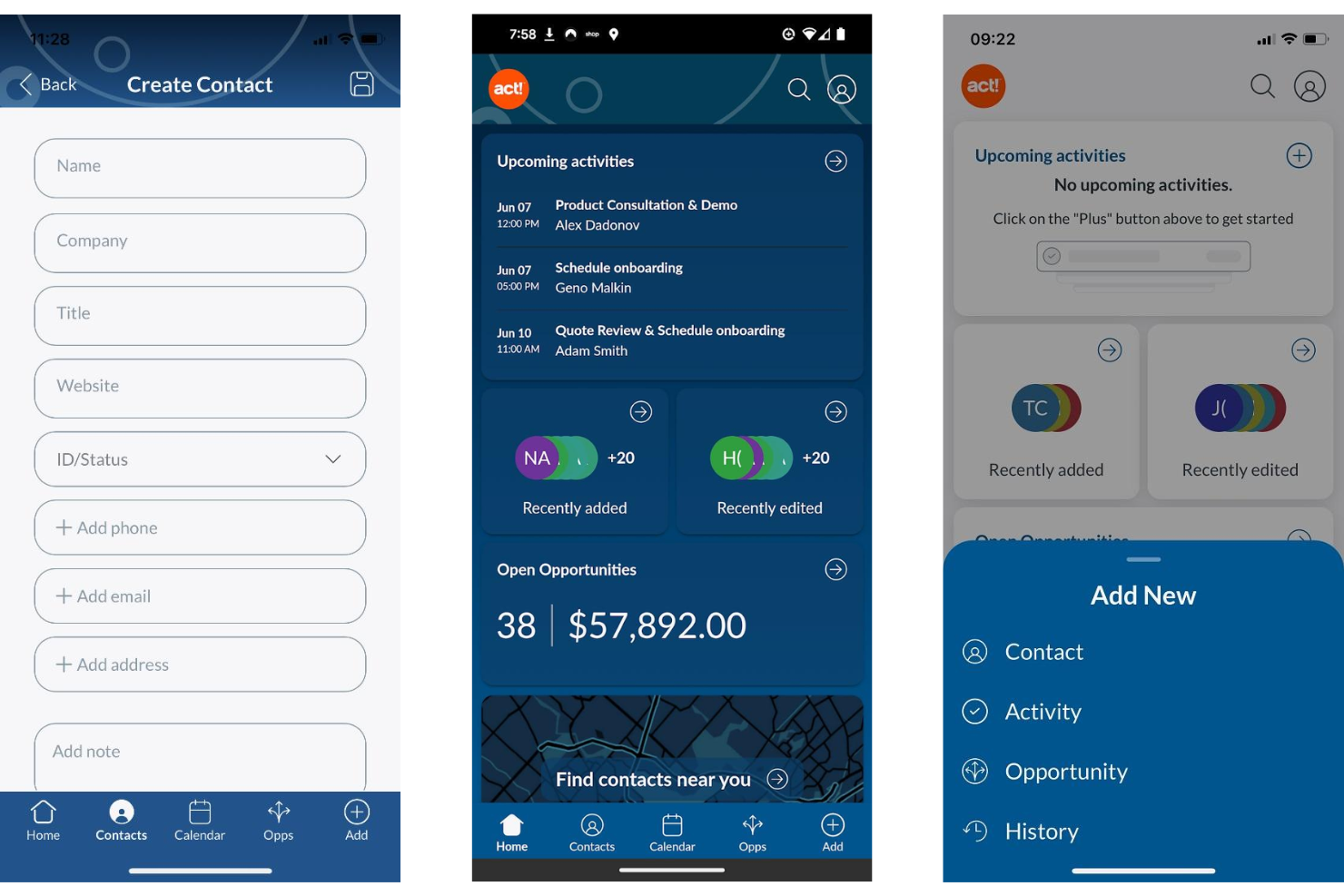 Act! mobile app showing contact creation, dashboard, and add new menu screens.