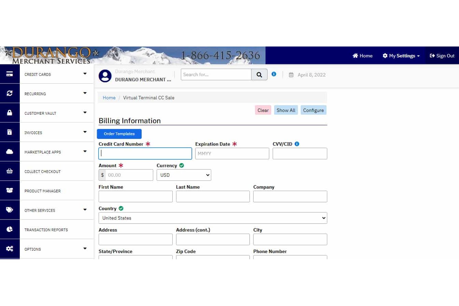 Formulario de facturación del terminal virtual de Durango Merchant Services con campos para tarjetas de crédito.