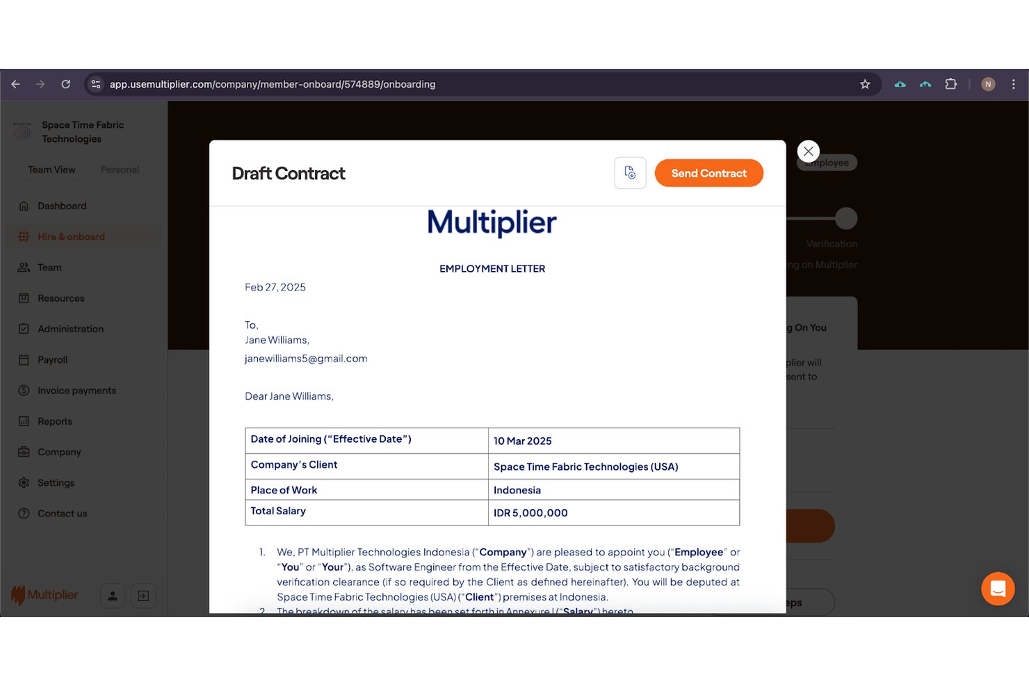 Conceptarbeidsbrief van Multiplier voor een medewerker in Indonesië, met salaris en startdatum.