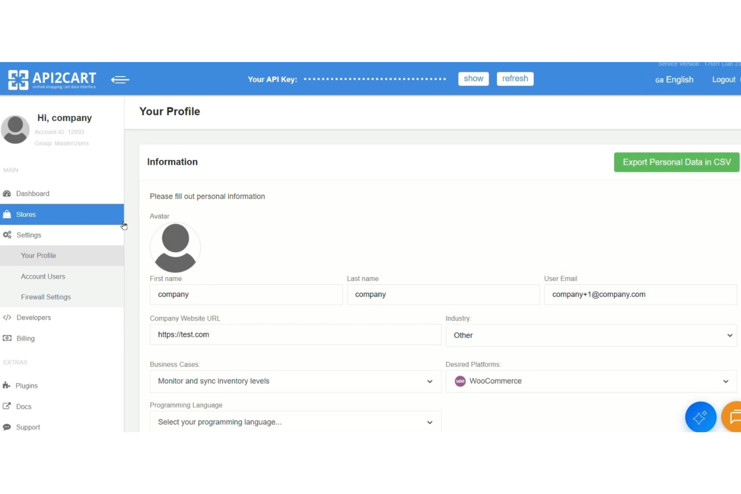API2Cart-Dashboard mit Benutzerprofilformular, API-Schlüssel und Einstellungen.