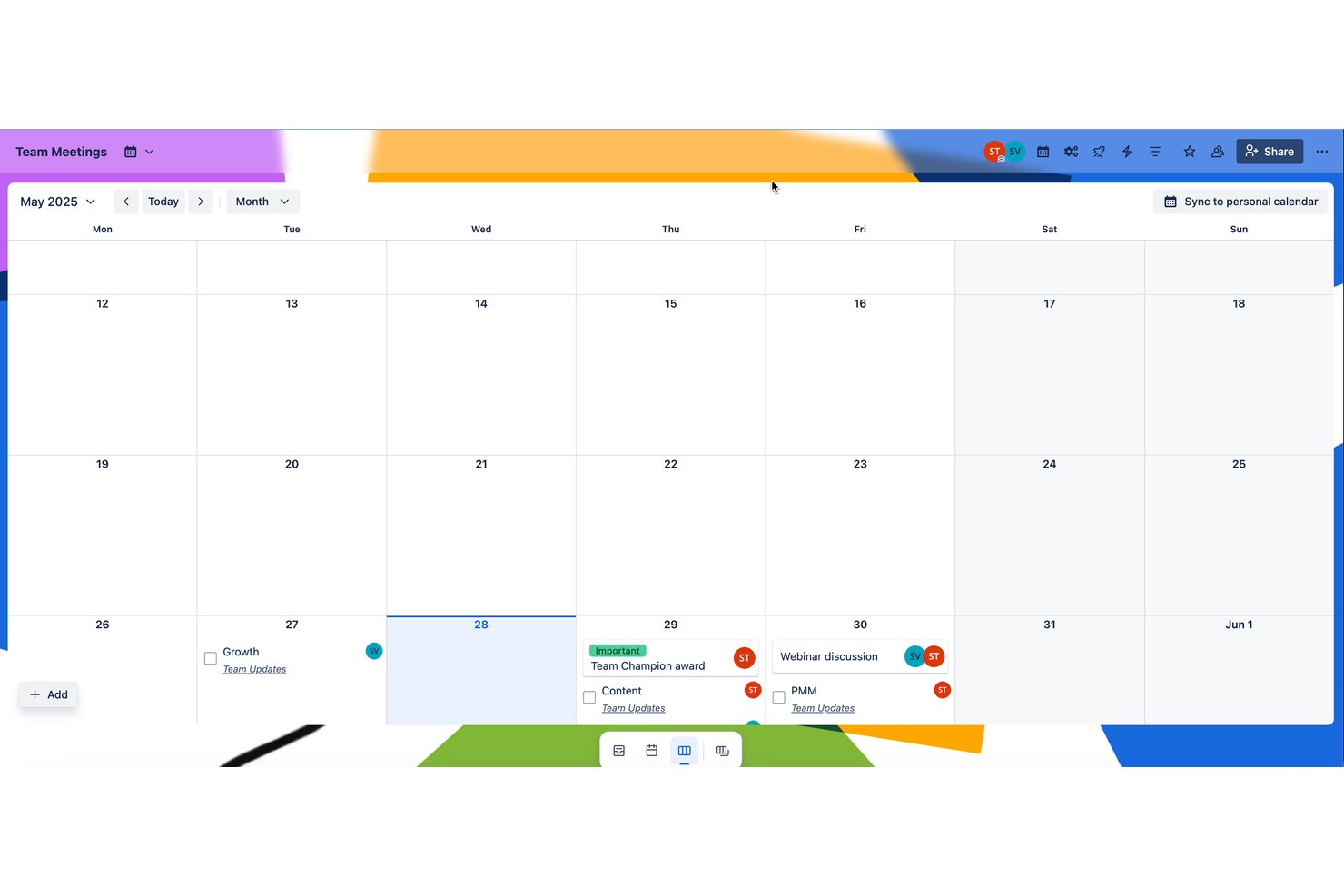 Trello monthly calendar view showing May 2025 team meetings with event labels.