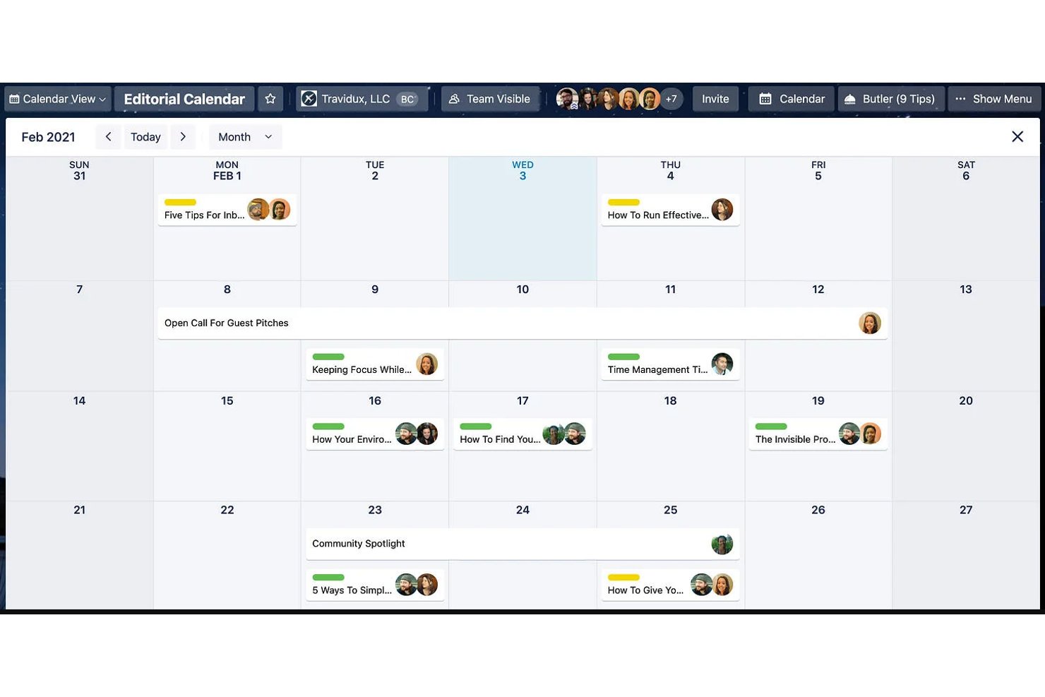 Trellos redaktionelle kalender, der viser februar 2021 med planlagte indholdskort.