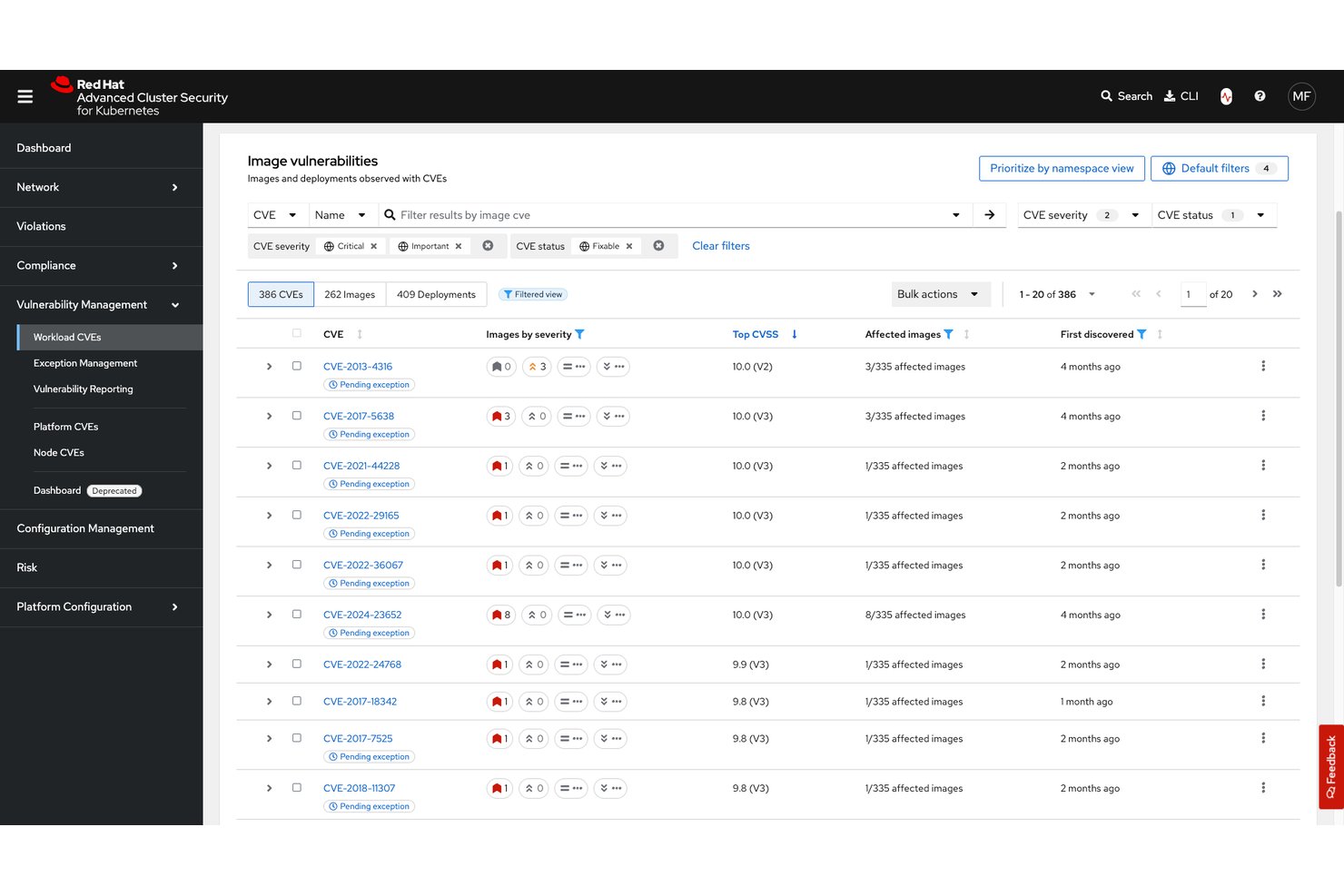 Red Hat Advanced Cluster Security dashboard showing 386 image CVEs filtered by severity and fixable status.
