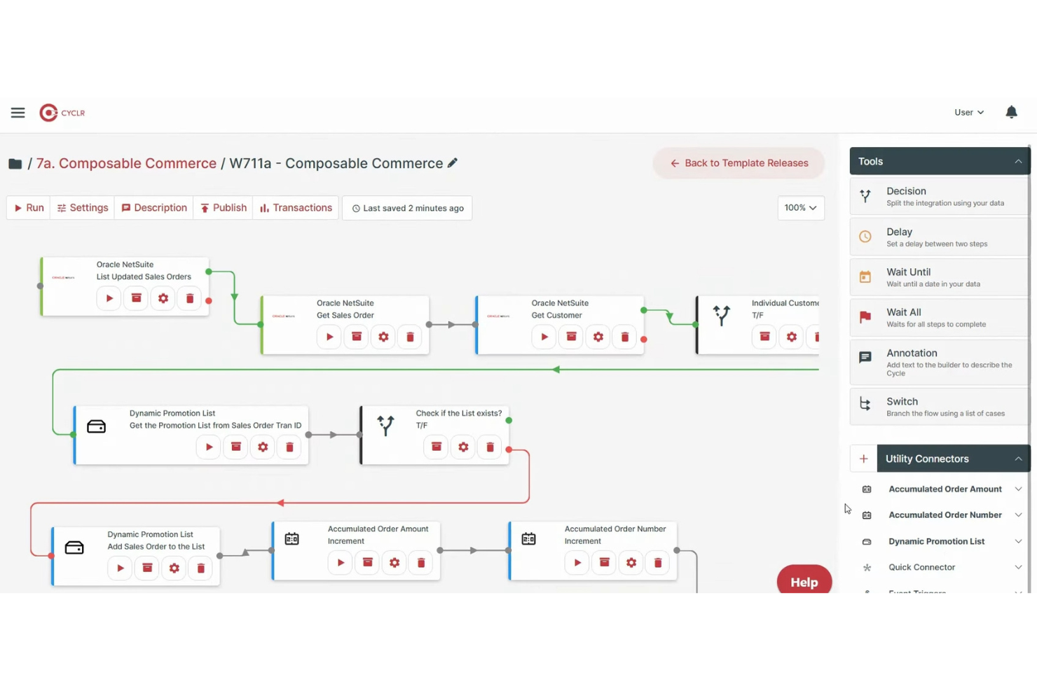 Cyclr-Workflow-Builder mit Integrationsschritten für Oracle NetSuite und einem Bedienfeld für Logiktools.