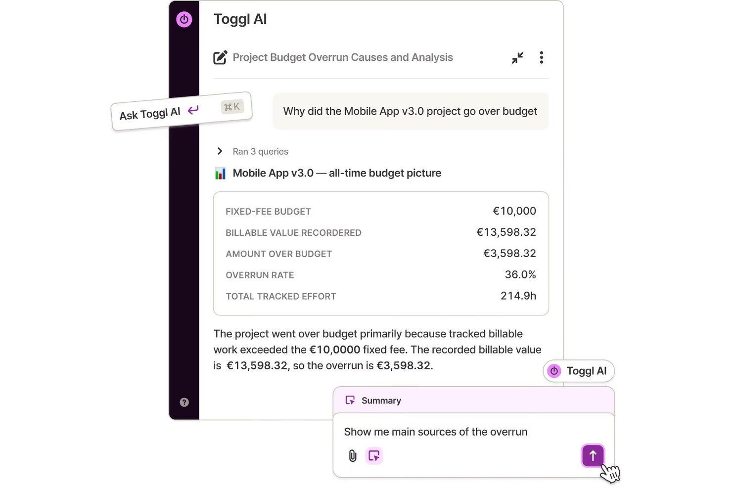 Chat de IA de Toggl que muestra el análisis del exceso de presupuesto de Mobile App v3.0 con métricas clave.