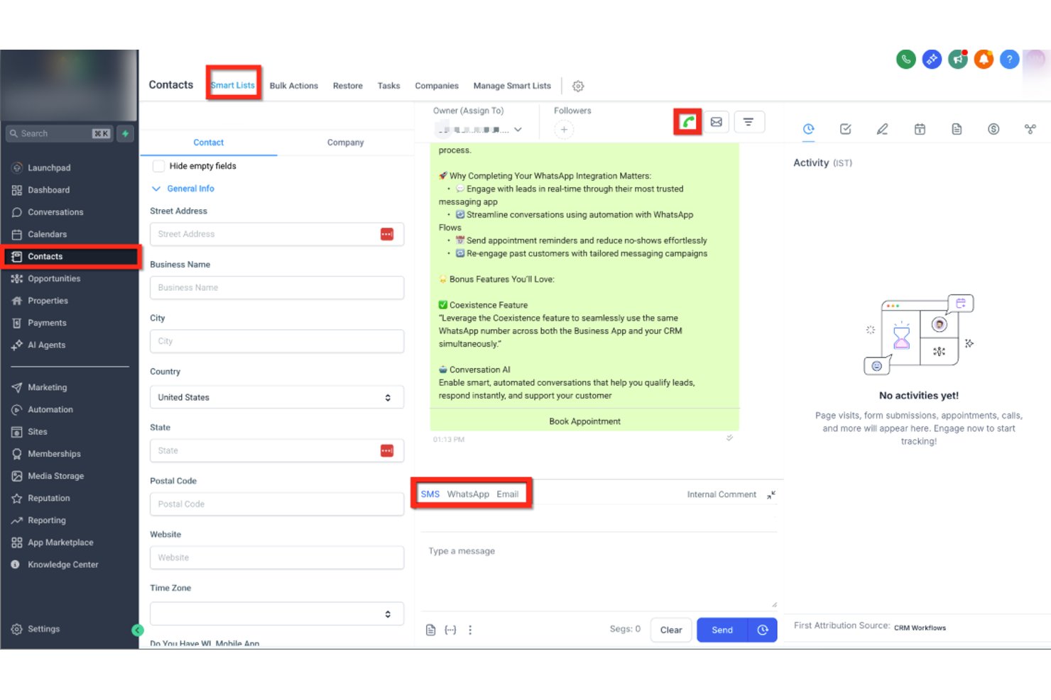 HighLevels CRM-kontaktvy som visar flikar för SMS-, WhatsApp- och e-postmeddelanden.