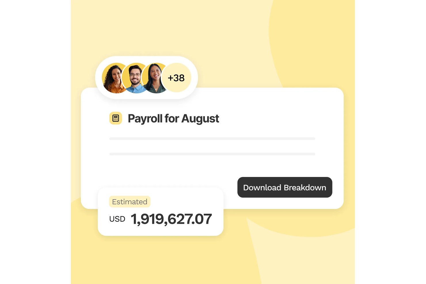 Oyster HR's lønoversigt viser et anslået samlet beløb for august på USD 1,919,627.07 for 41 medarbejdere.