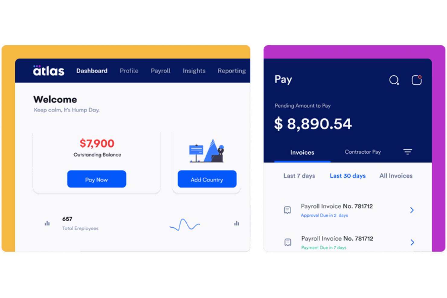 Atlas HXM dashboard showing $7,900 outstanding balance and payroll invoices pending payment.