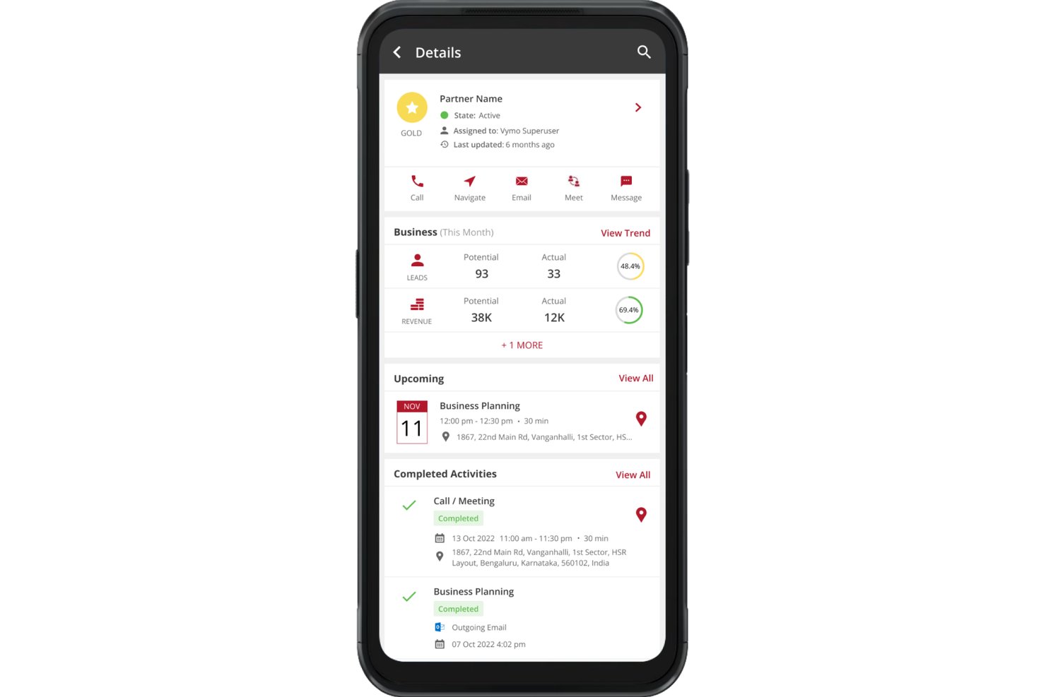 Mobiles CRM von Vymo mit Partnerdetails, Geschäftskennzahlen und bevorstehenden Aktivitäten.