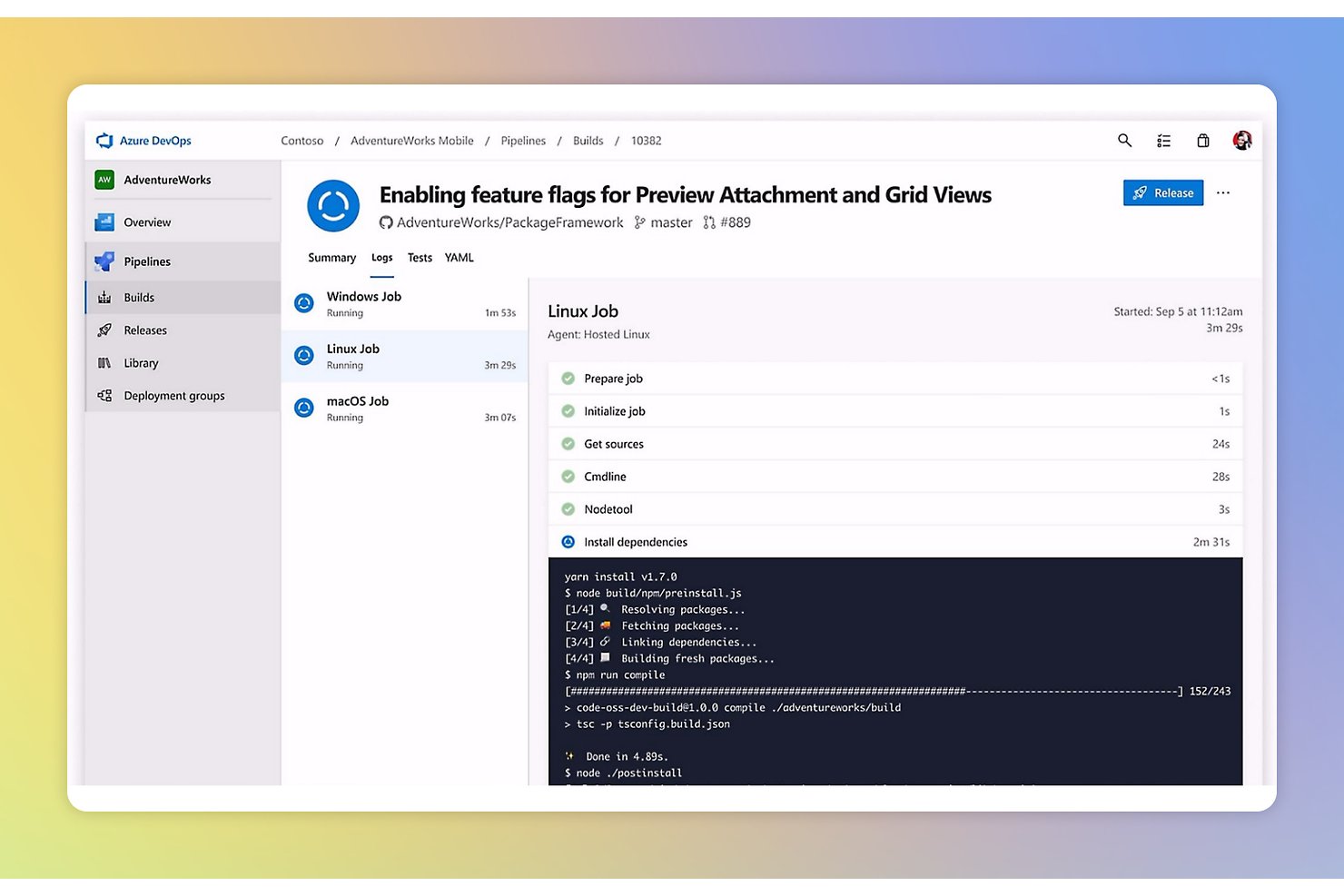 Log delle compilazioni della pipeline Azure DevOps che mostrano i passaggi del processo Linux eseguiti su tre processi del sistema operativo.