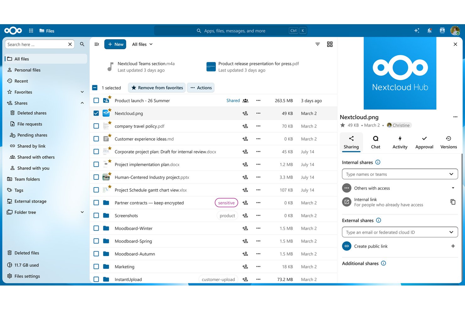 Nextcloud Hub file manager showing sharing panel and file list with tags.