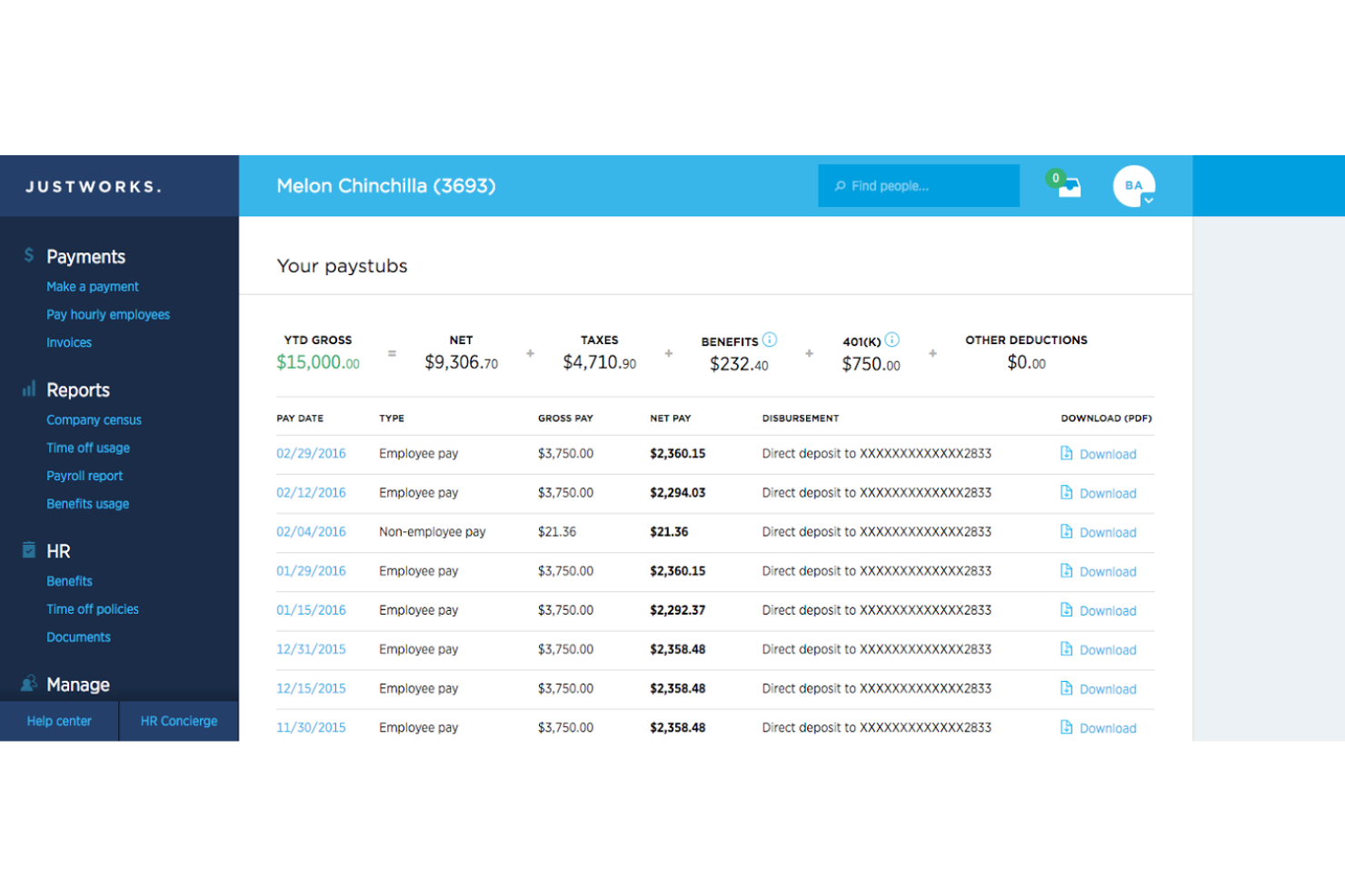 Justworks paystubs dashboard showing pay dates, gross pay, net pay, and download options.