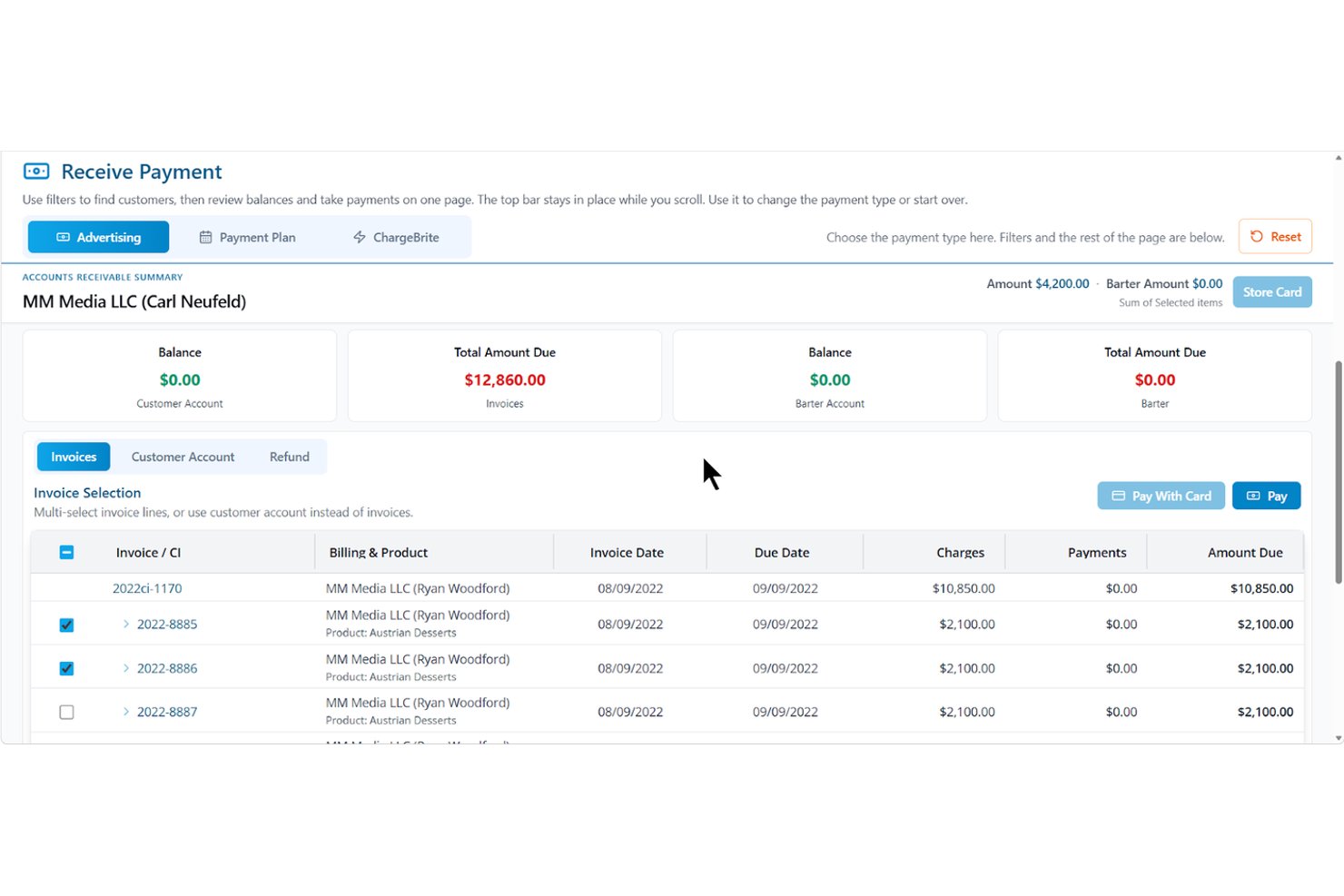 Receive Payment screen showing invoices, charges, and payment options for a media account.