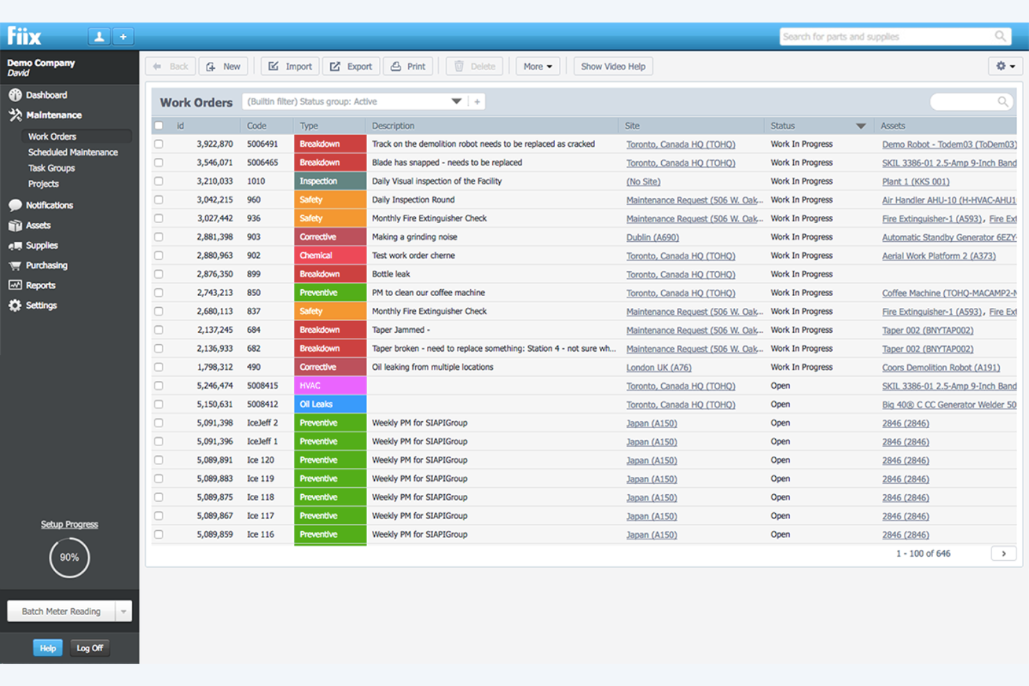 Lijst met werkorders in Fiix CMMS met de status, het type, de locatie en de assets.