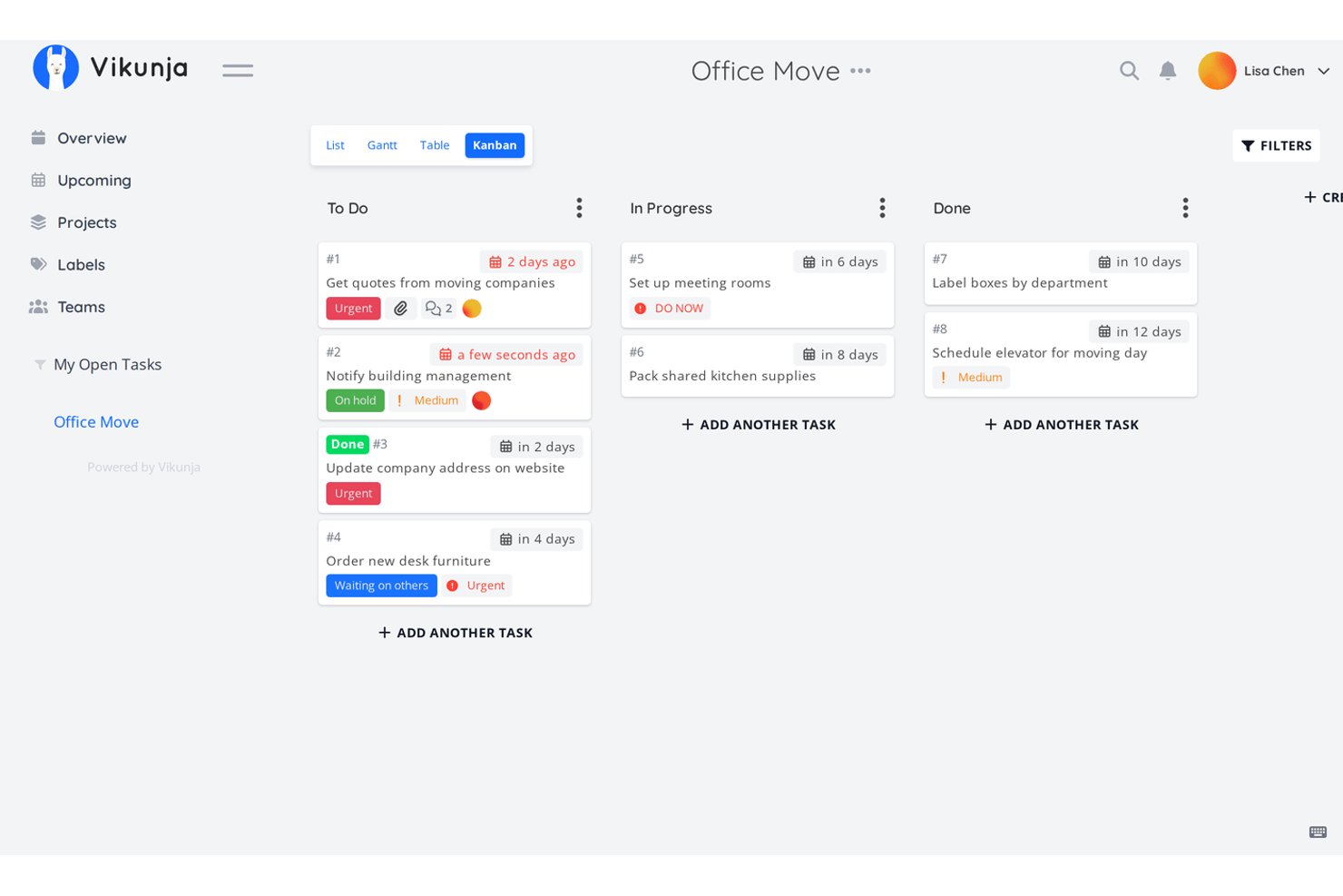 Vikunja Kanban board showing To Do, In Progress, and Done columns with task cards.