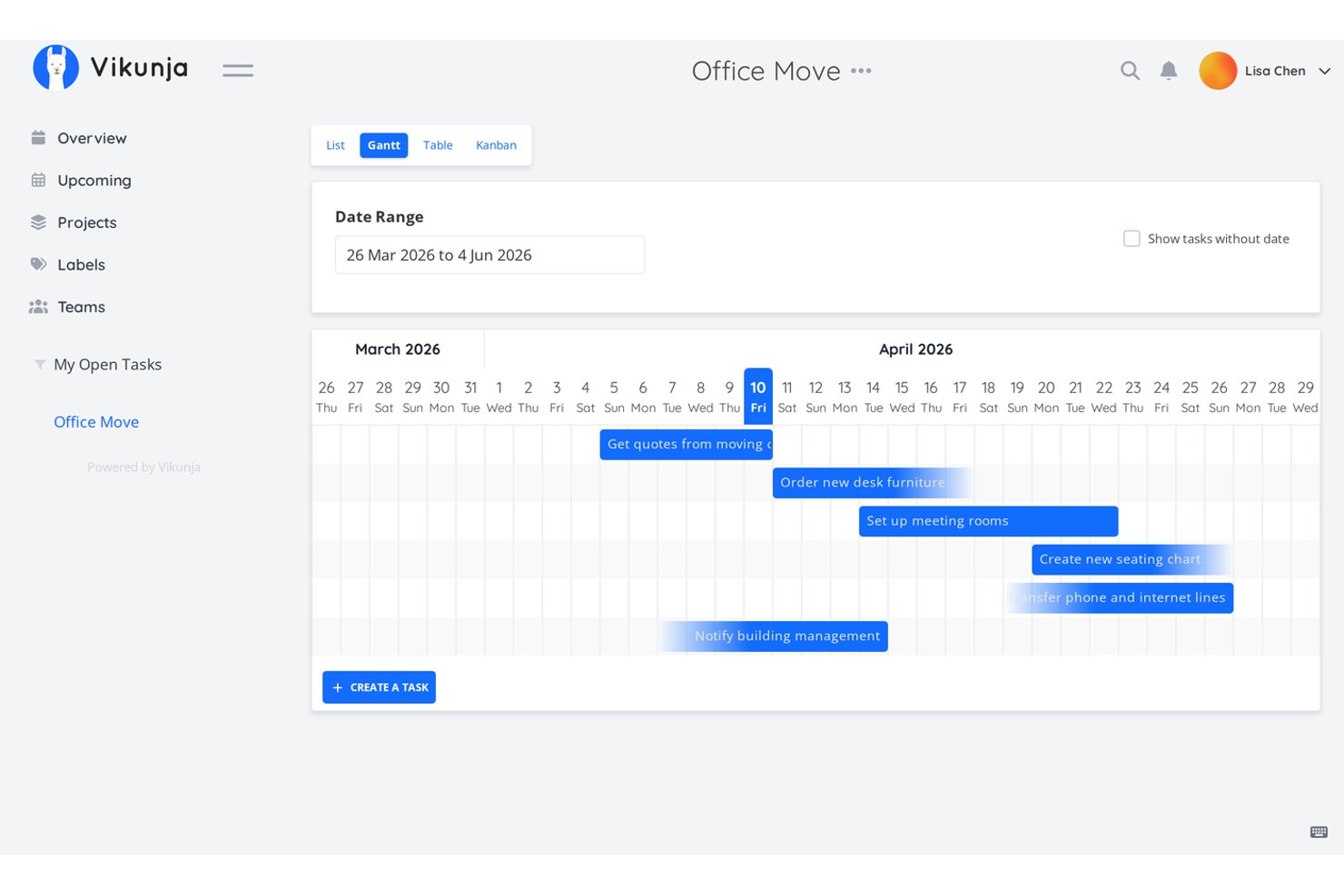 Vikunja Gantt chart showing Office Move project tasks across March–April 2026.