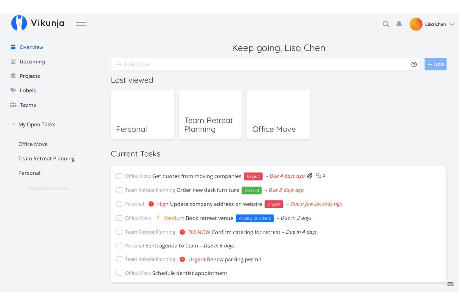 Vikunja task overview dashboard showing current tasks with priorities and due dates.