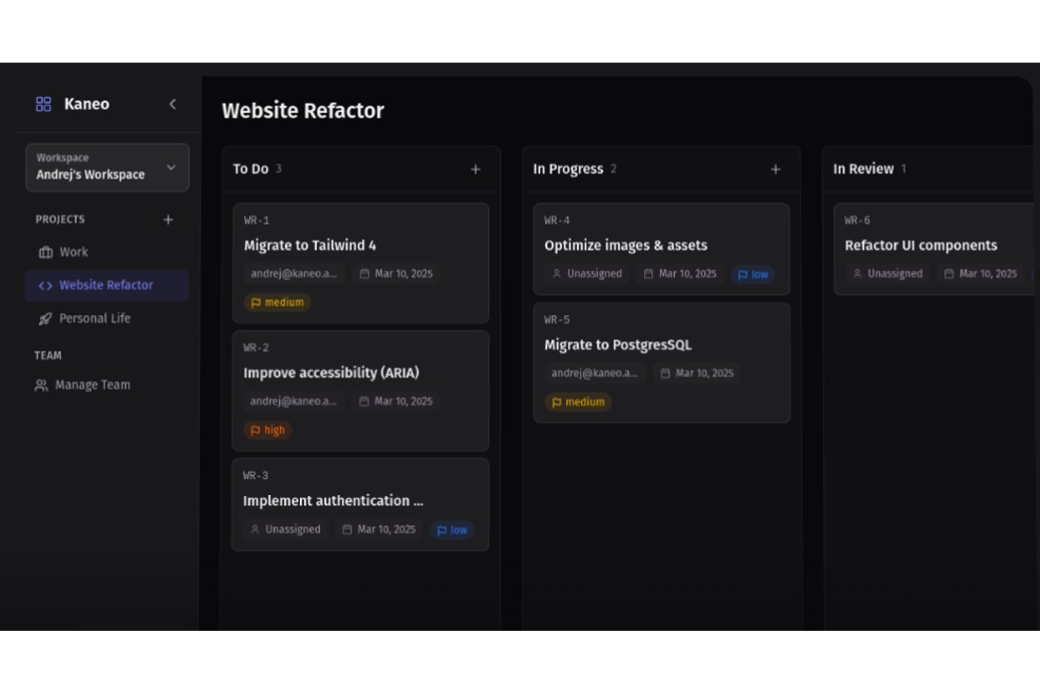 Kaneo kanban board showing Website Refactor project with task cards across three columns.