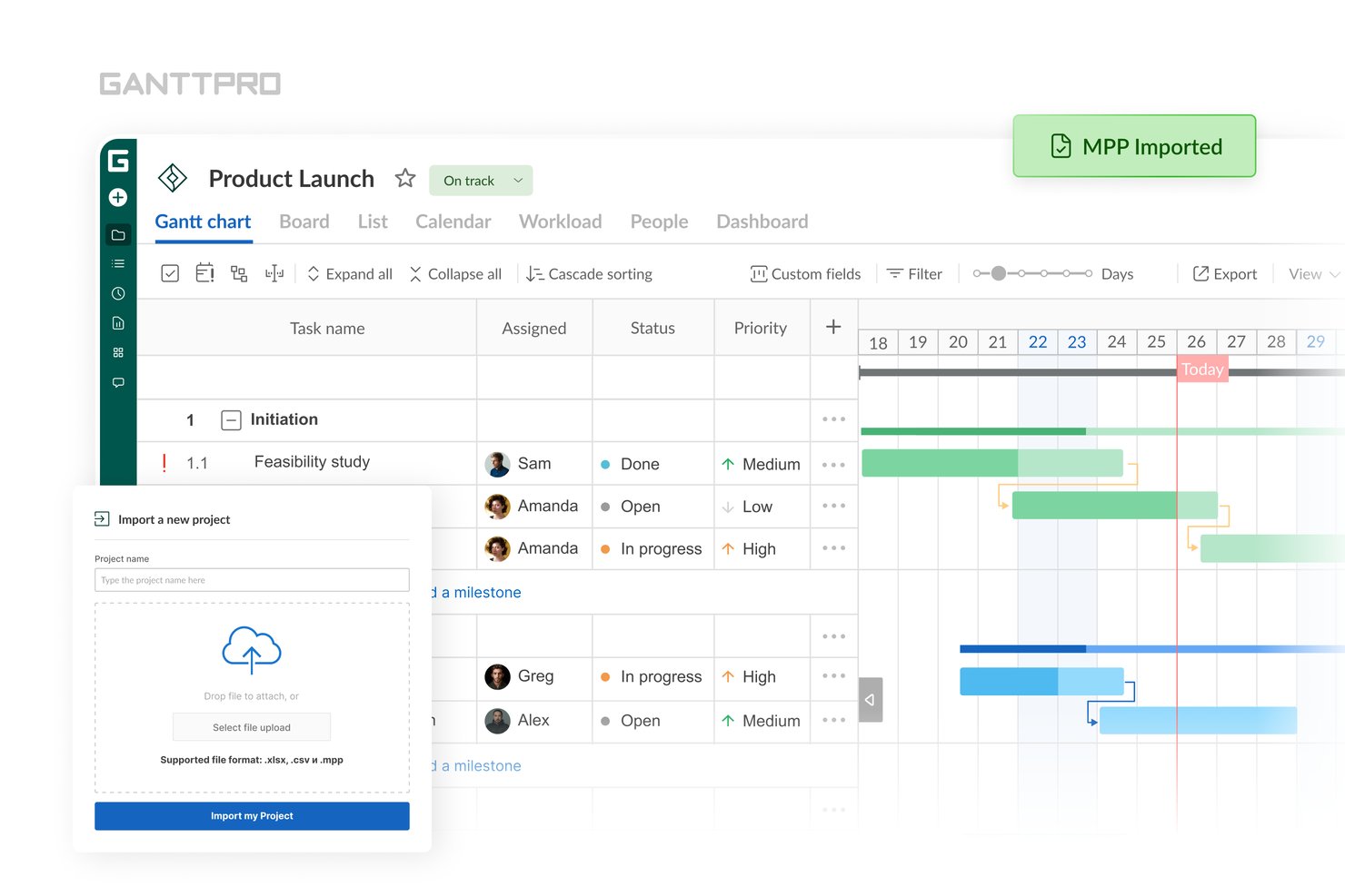 GanttPro upload new projects option and view Gantt charts with task status