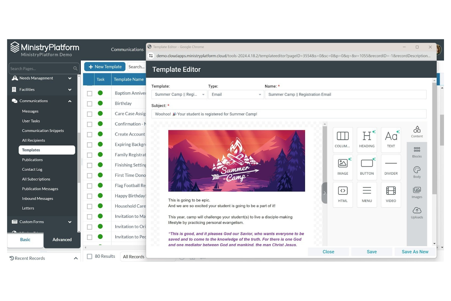 Vorlageneditor von Ministry Platform mit einer E-Mail zur Anmeldung für ein Sommercamp und Drag-and-Drop-Tools.
