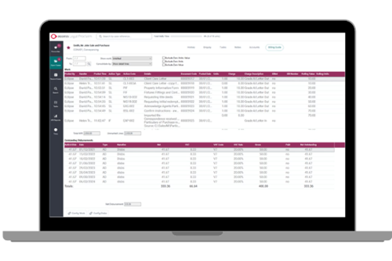 The Access Group software showing cost management table with billing rows and totals.