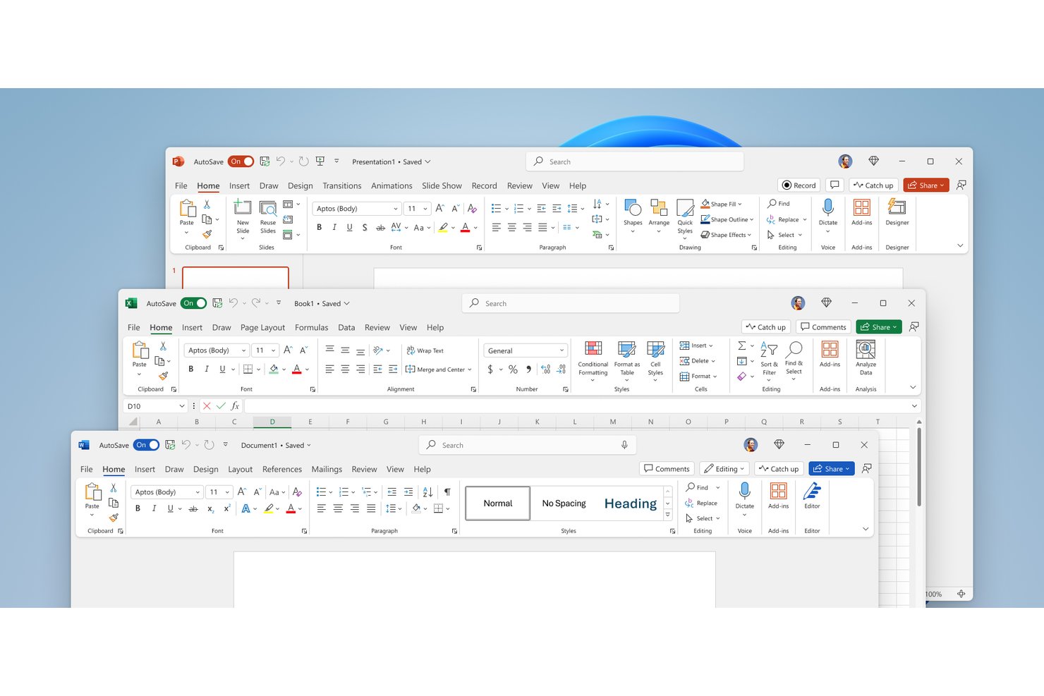 Kolme päällekkäistä Microsoft 365 -sovellusikkunaa: PowerPoint, Excel ja Word ovat avoinna työpöydällä.