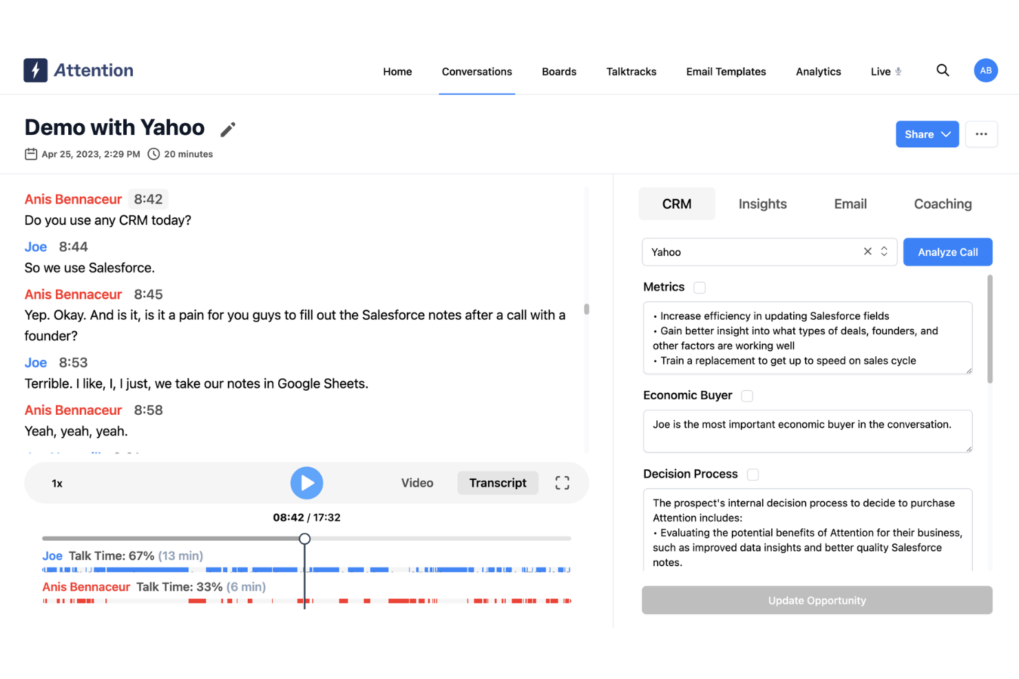 Sales call transcript with AI-generated CRM fields shown in sidebar panel.