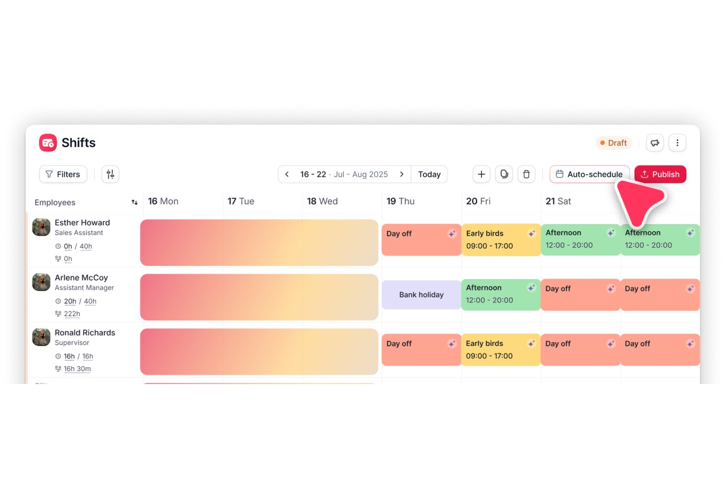 Shifts scheduling app showing weekly employee schedule with shift types and a Publish button.
