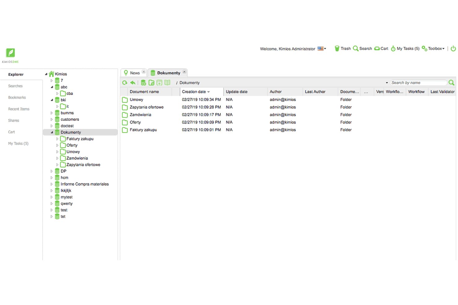 Kimios DMS interface showing folder tree and document list with creation dates.