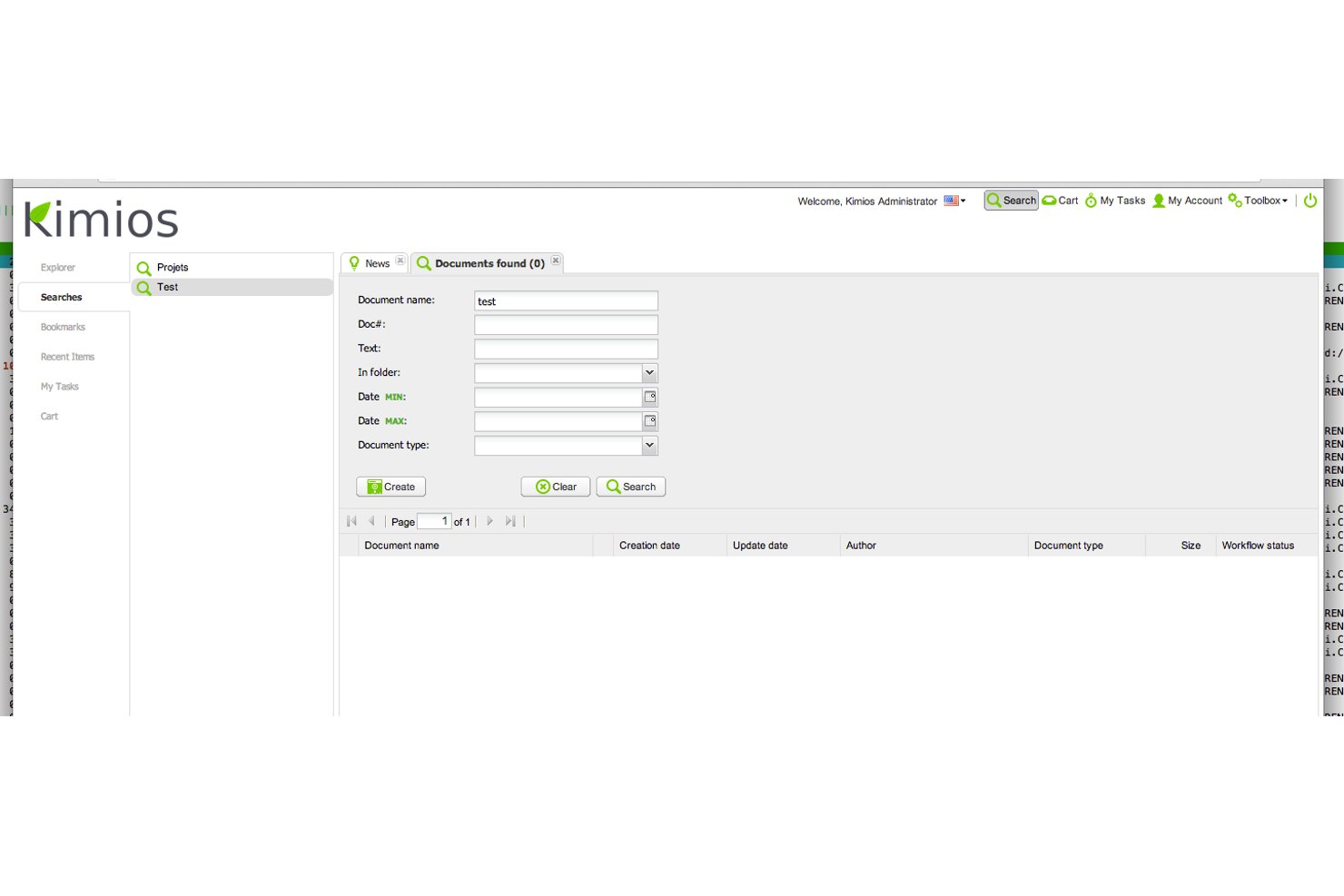 Kimios document search form with fields for name, date, type, and folder.